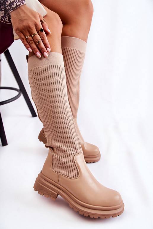 Ribbed Women's Boots On Flat Heel Beige Allys Ribbed Women's Boots On Flat Heel Beige Allys