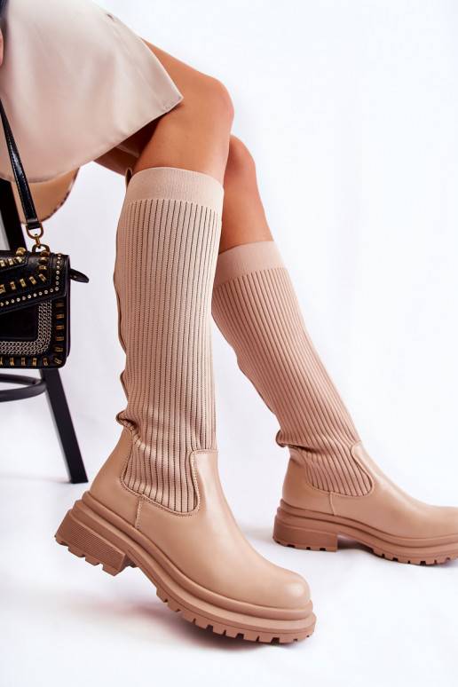 Ribbed Women's Boots On Flat Heel Beige Allys Ribbed Women's Boots On Flat Heel Beige Allys