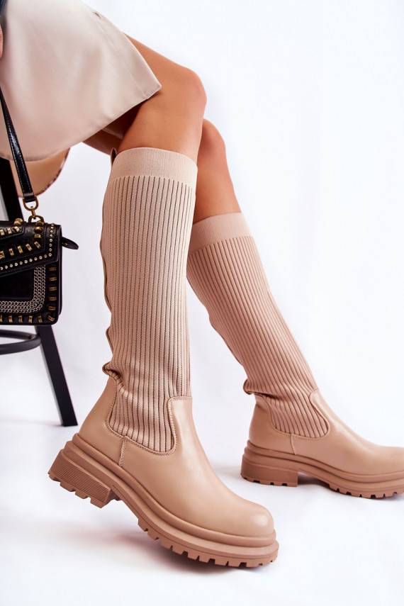 Ribbed Women's Boots On Flat Heel Beige Allys
