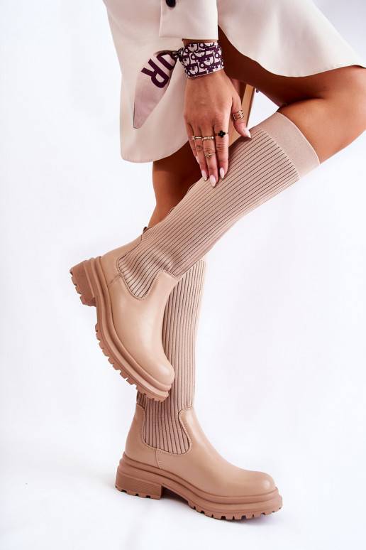 Ribbed Women's Boots On Flat Heel Beige Allys