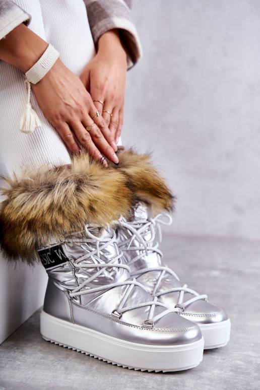 Women's Lace-up Snow Boots Silver Santero