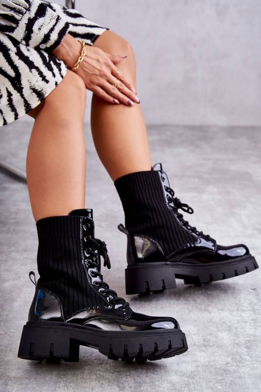 Women's Lacquered Workers Boots With Socks Black Abigail