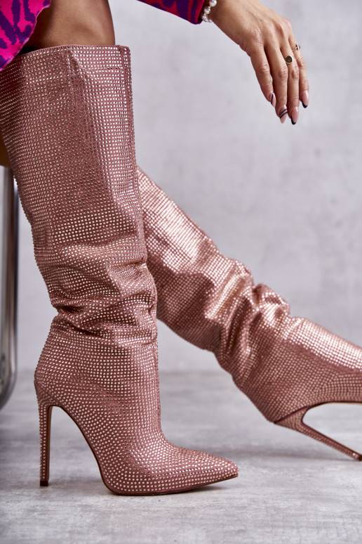 Fashionable Boots On High Heel With Cubic Zirconia Pink Lovisa