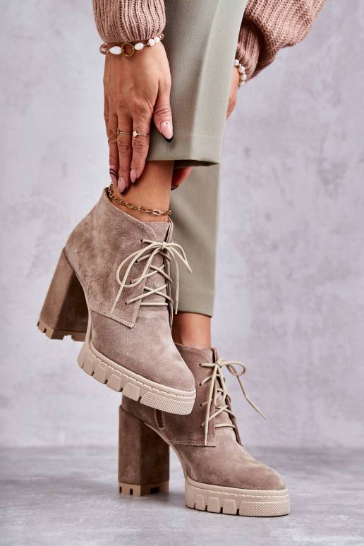 Fashionable Suede Lace Up Boots Beige Selma