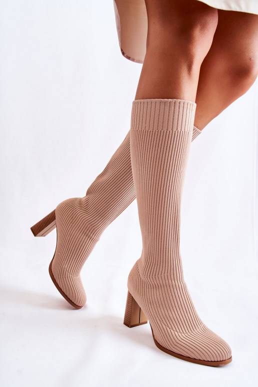 Fashionable Ribbed Heel Boots Beige Carros 