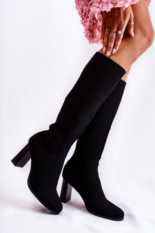 Fashionable Ribbed Heel Boots Black Carros  Fashionable Ribbed Heel Boots Black Carros