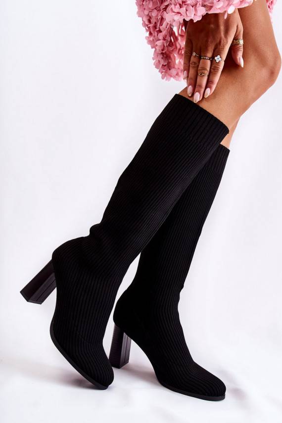 Fashionable Ribbed Heel Boots Black Carros 