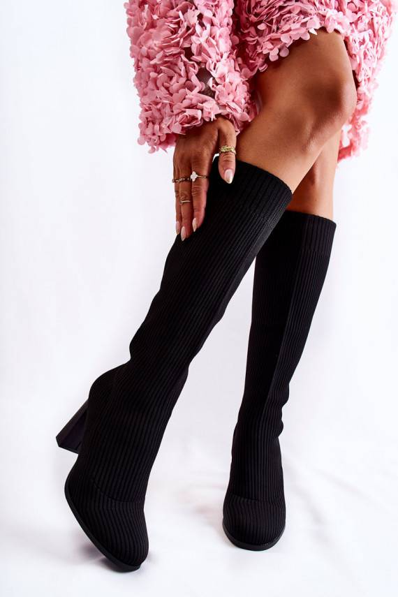 Fashionable Ribbed Heel Boots Black Carros 