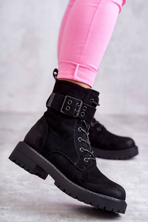 Women's Lace-up Suede Flat Heel Boots Black Firmina 