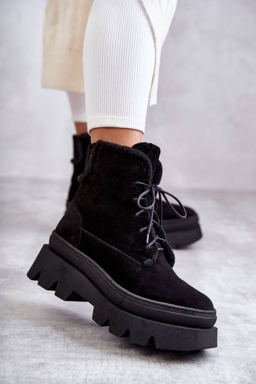 Suede Warm Lace-up Boots Black Elisabeth