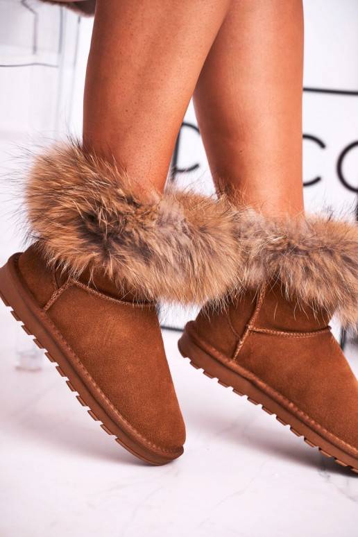 Women's Leather Snow Boots With Eko Fur Camel Alexa