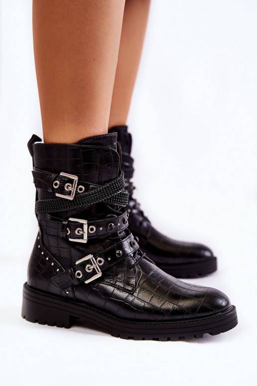 Women's Warm Boots With Strips Snake Black Lamberta