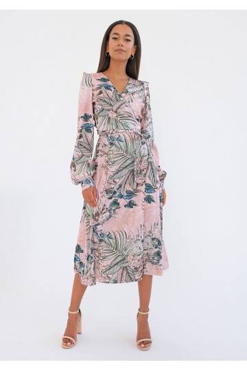 Jade - powder pink midi wrap dress in leaves 2