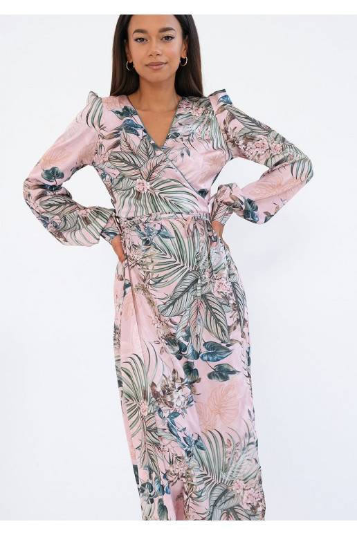 Jade - powder pink midi wrap dress in leaves