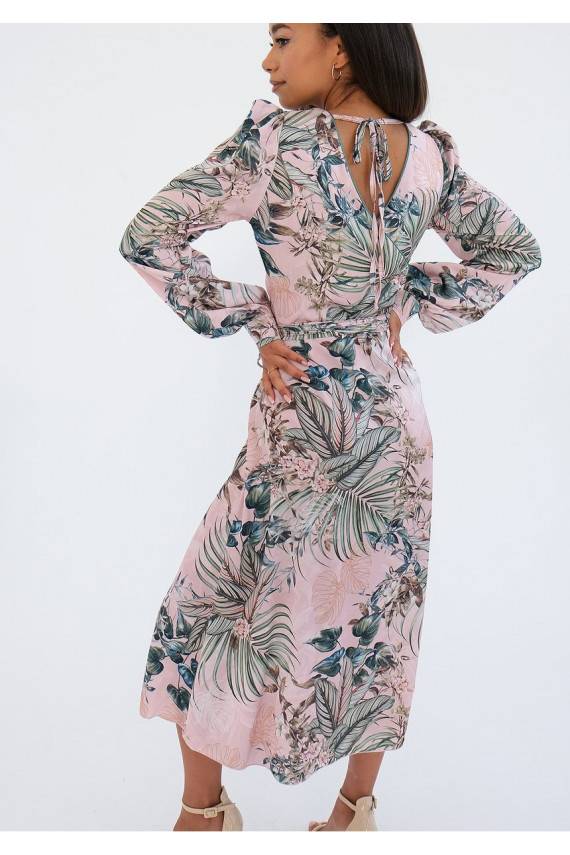 Jade - powder pink midi wrap dress in leaves
