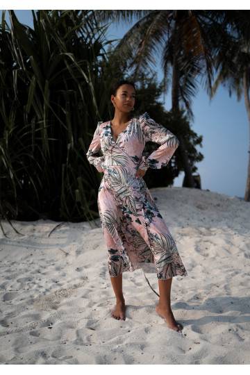 Jade - powder pink midi wrap dress in leaves