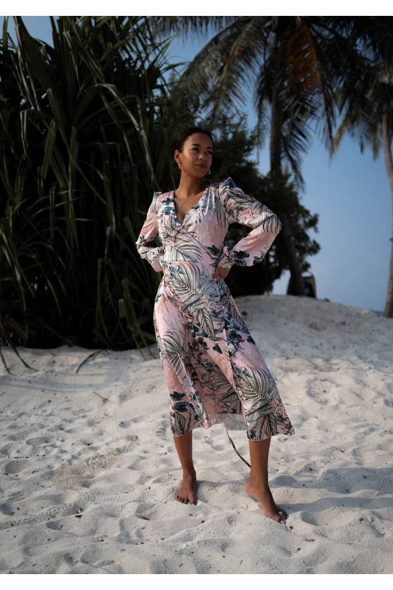 Jade - powder pink midi wrap dress in leaves