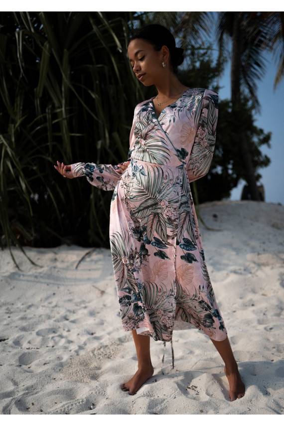 Jade - powder pink midi wrap dress in leaves