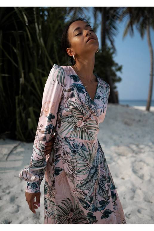 Jade - powder pink midi wrap dress in leaves