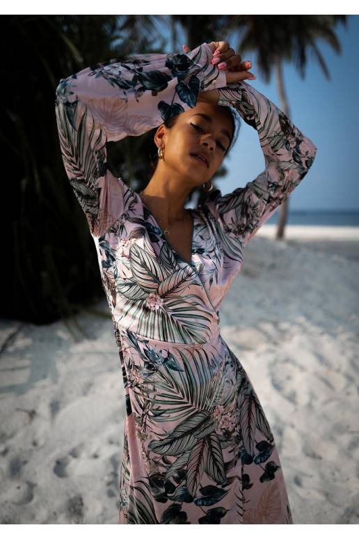 Jade - powder pink midi wrap dress in leaves