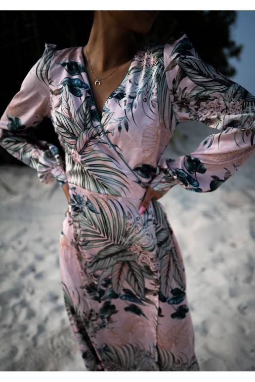 Jade - powder pink midi wrap dress in leaves