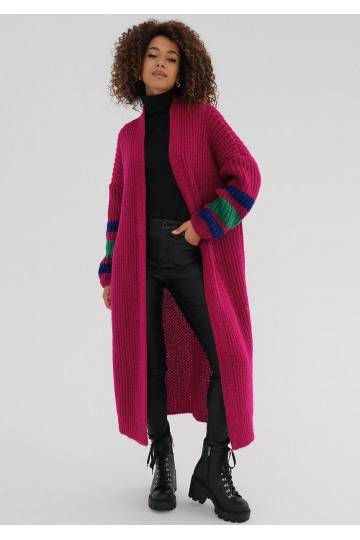 Vind - Long fuchsia pink cardigan in stripes