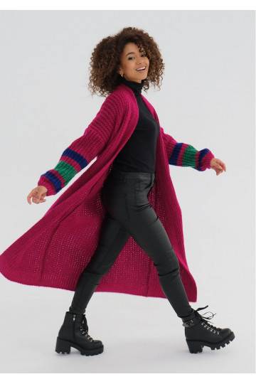 Vind - Long fuchsia pink cardigan in stripes 2