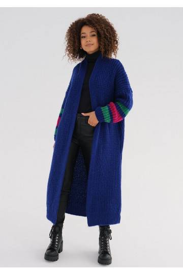 Vind - Long cobalt blue cardigan in stripes