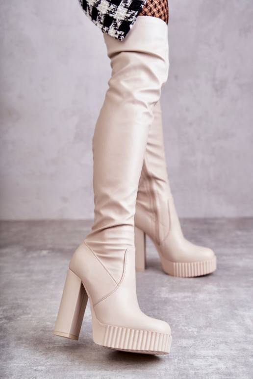 Leather High Boots On Platform Beige Katrina 