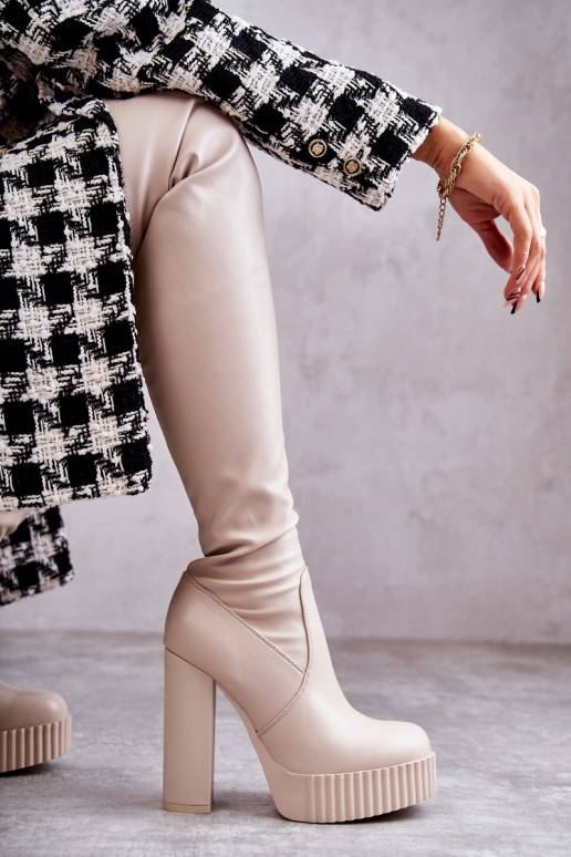 Leather High Boots On Platform Beige Katrina  Leather High Boots On Platform Beige Katrina