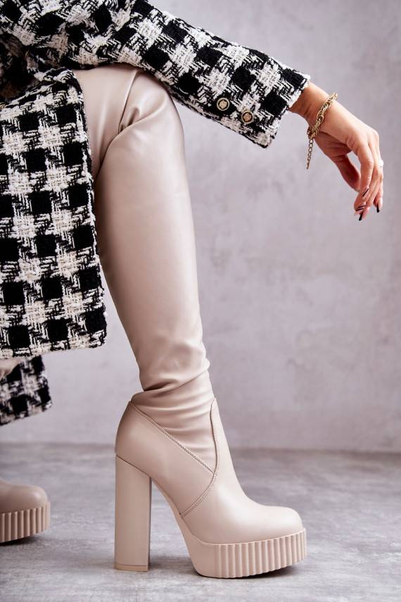 Leather High Boots On Platform Beige Katrina 