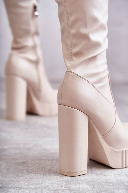 Leather High Boots On Platform Beige Katrina  Leather High Boots On Platform Beige Katrina
