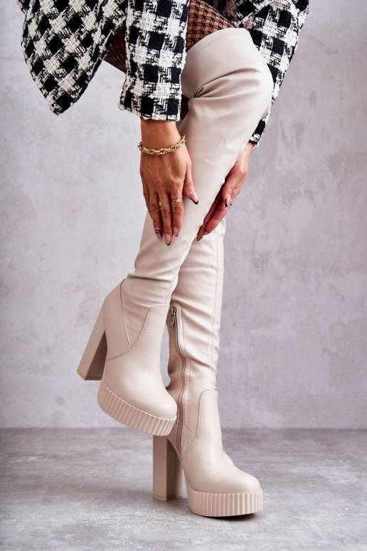 Leather High Boots On Platform Beige Katrina  Leather High Boots On Platform Beige Katrina