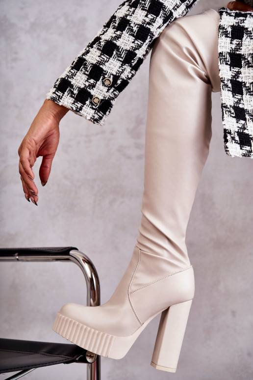 Leather High Boots On Platform Beige Katrina  Leather High Boots On Platform Beige Katrina