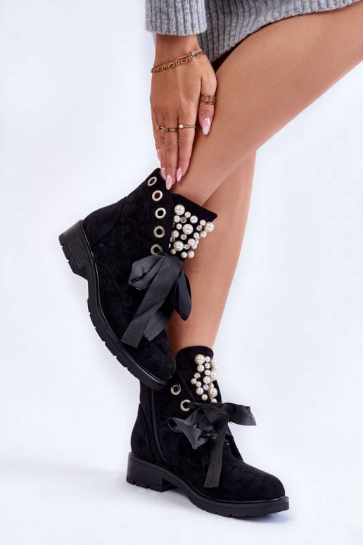 Suede Boots With Pearls And Ribbon Black Perla