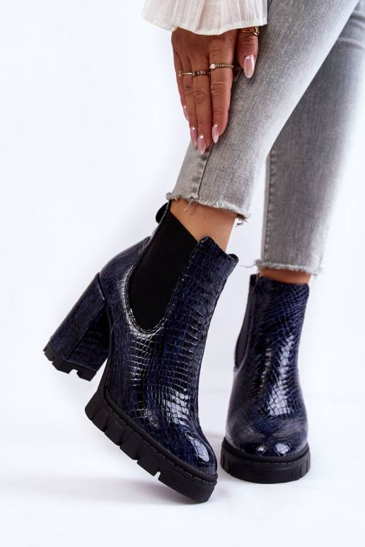 Lacquered boots Snake pattern on a post Navy blue Eldey