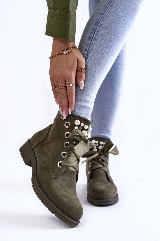 Suede insulated boots with a zipper with pearls Green Raiso