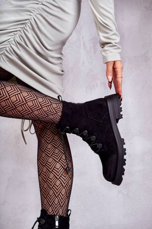 Women's Suede Warm Boots With Ribbed Black Helia Women's Suede Warm Boots With Ribbed Black Helia