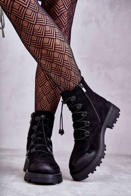 Women's Suede Warm Boots With Ribbed Black Helia Women's Suede Warm Boots With Ribbed Black Helia