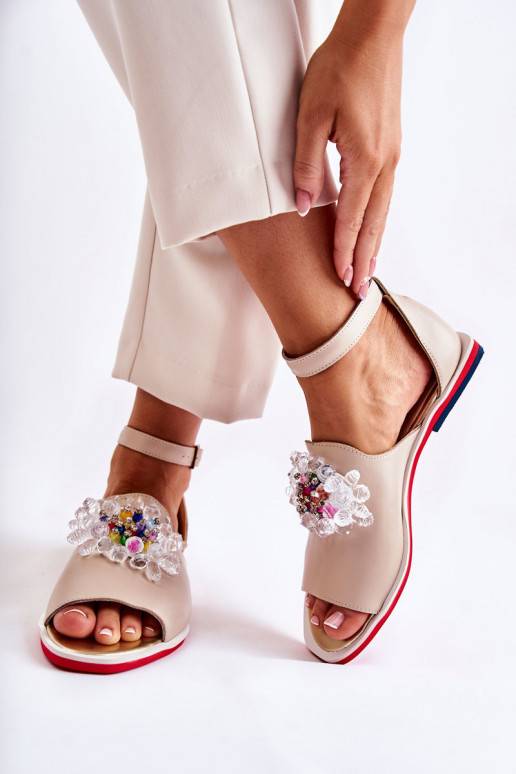 Women's Leather Sandals With Decoration Beige Nevassa  Women's Leather Sandals With Decoration Beige Nevassa