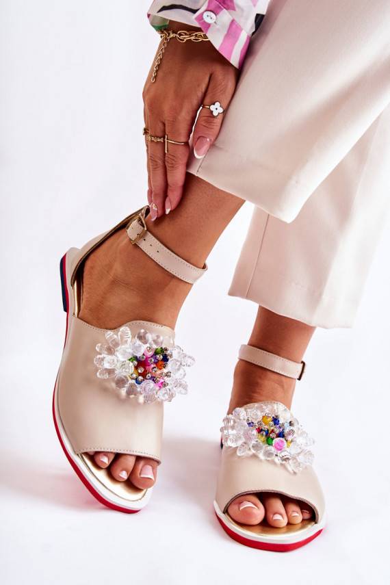 Women's Leather Sandals With Decoration Beige Nevassa 