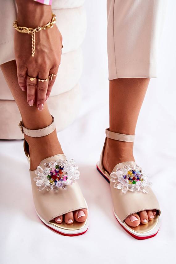 Women's Leather Sandals With Decoration Beige Nevassa