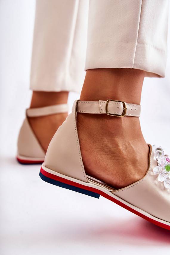 Women's Leather Sandals With Decoration Beige Nevassa 