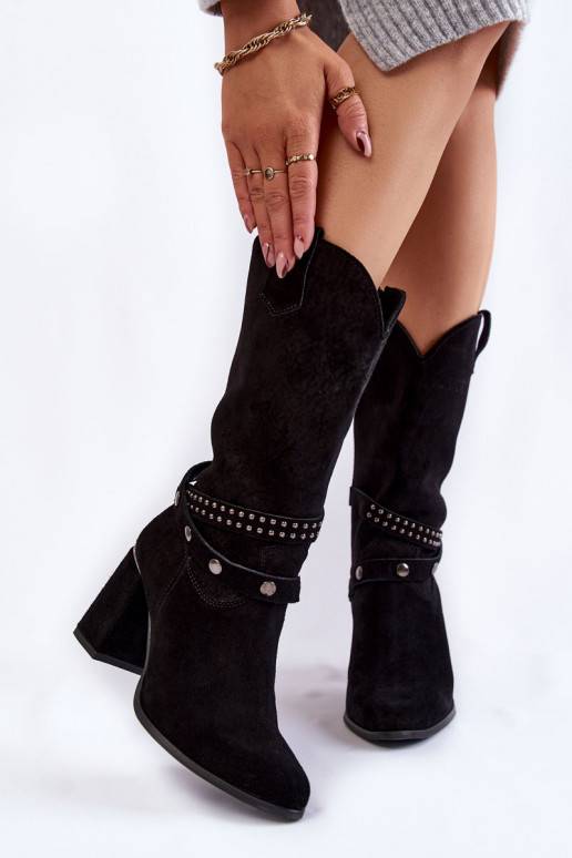 Women's Suede High Heel Boots Lewski Shoes 2934/B Black
