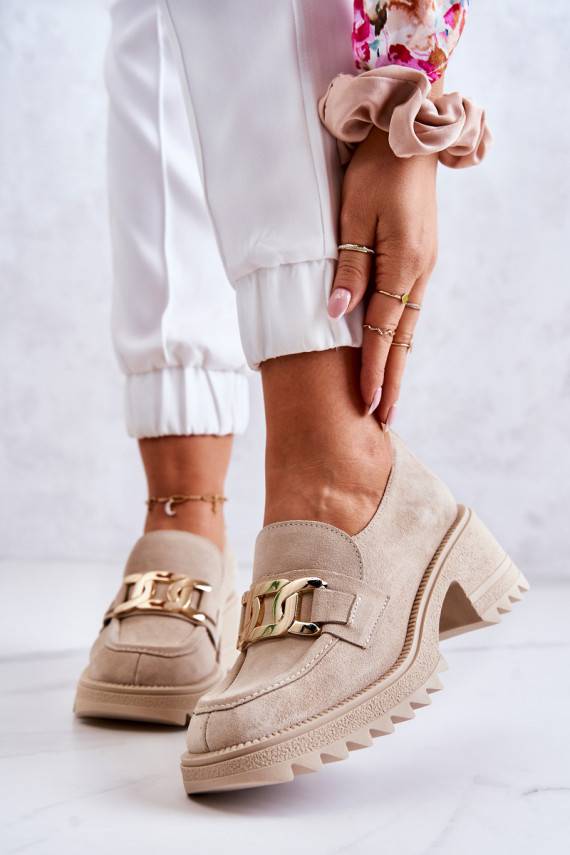 Suede Shoes With Golden Decoration Light Beige Idealize