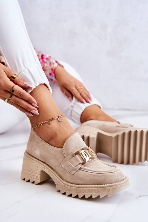 Suede Shoes With Golden Decoration Light Beige Idealize