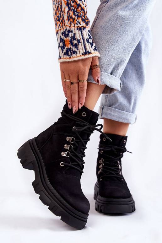 Leather Warm Lace-up Boots Black Merisha