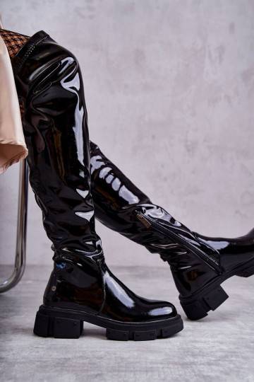 Lacquered Boots Over the knee On Flat Heel GOE Black