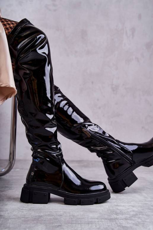 Lacquered Boots Over the knee On Flat Heel GOE Black