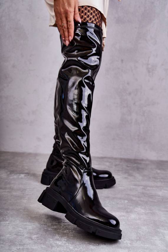 Lacquered Boots Over the knee On Flat Heel GOE Black
